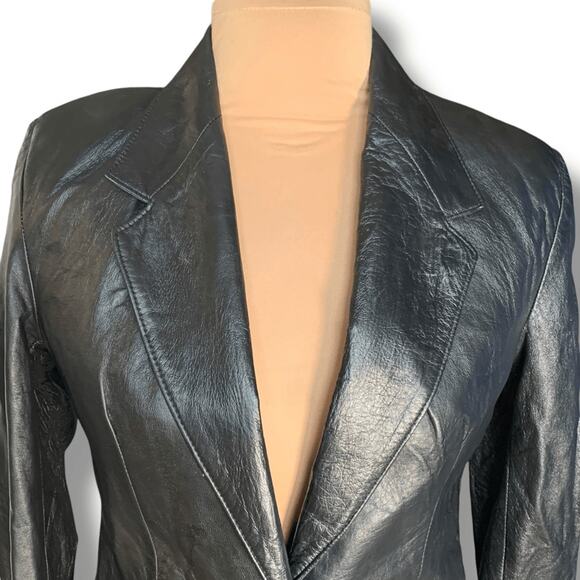 Vintage Angel Skin Tailored Black Leather Blazer Jacket 90s Minimalist Size 12 - Picture 2 of 11
